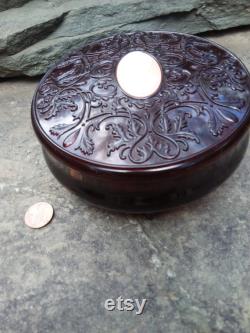 Vintage Avon Round Brown Lucite Cameo Dusting Box or Dresser Box, Trinkets