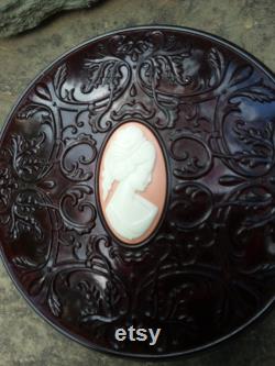 Vintage Avon Round Brown Lucite Cameo Dusting Box or Dresser Box, Trinkets