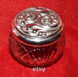 Vintage Avon Silver Top With Scroll Work And Pressed Glass Vanity Jar Powder Jar