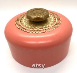 Vintage Avon Unforgettable Beauty Dust, 6 Ounces, Salmon, Gold Knob, Empty Round Container, MCM, Vanity Display