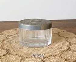 Vintage Avon oval vanity jar, Deco style ribbed glass with silvertone repousse floral lid