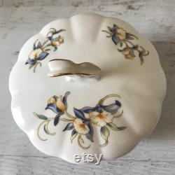 Vintage Aynsley Powder Box with Butterfly Handle, Just Orchids, Fine Bone China, Blue Flowers, Made in England