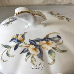 Vintage Aynsley Powder Box with Butterfly Handle, Just Orchids, Fine Bone China, Blue Flowers, Made in England