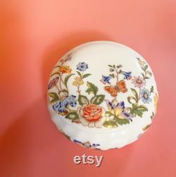 Vintage Aynsley cottage garden bone China round trinket dish, jewelry box with lid, powder box, made in England