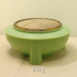Vintage Bakelite Powder Pot by Dubarry, Art Deco Trinket Box, Vintage Green Round Soap Dish, c1940s, Early Plastic Dressing Table Pot (R)
