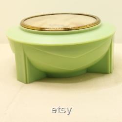 Vintage Bakelite Powder Pot by Dubarry, Art Deco Trinket Box, Vintage Green Round Soap Dish, c1940s, Early Plastic Dressing Table Pot (R)