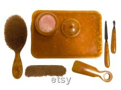 Vintage Bakelite Vanity Set with Tray, brushes, powder box, nail file and more