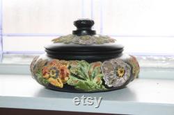 Vintage Black Satin Tiffin Glass Jar Painted Poppies Peacock Products