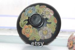 Vintage Black Satin Tiffin Glass Jar Painted Poppies Peacock Products