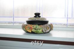 Vintage Black Satin Tiffin Glass Jar Painted Poppies Peacock Products