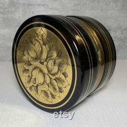 Vintage Black Smoke Murano Glass Powder Box with Gilt Rose Motif 4.75 F. Ferro