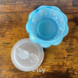 Vintage Blue Glass Melon Form Powder Jar Vanity Box with Satin Glass Lion Cover