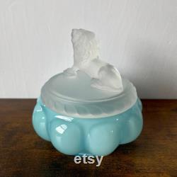 Vintage Blue Glass Melon Form Powder Jar Vanity Box with Satin Glass Lion Cover