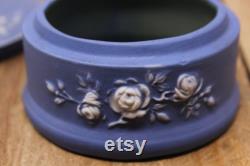 Vintage Blue Jasperware by Schafer and Vater Round Vanity Jewelry Box Greek Theme Design