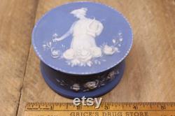 Vintage Blue Jasperware by Schafer and Vater Round Vanity Jewelry Box Greek Theme Design