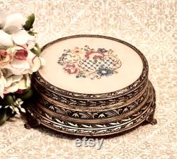 Vintage Brass Floral Powder Jar with Mirror Petit Point Lid, Brass Powder Box, Dresser Box, Keepsake Box, Brass Floral Jewelry Box