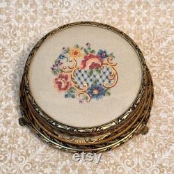 Vintage Brass Floral Powder Jar with Mirror Petit Point Lid, Brass Powder Box, Dresser Box, Keepsake Box, Brass Floral Jewelry Box