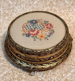 Vintage Brass Floral Powder Jar with Mirror Petit Point Lid, Brass Powder Box, Dresser Box, Keepsake Box, Brass Floral Jewelry Box