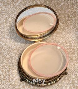 Vintage Brass Floral Powder Jar with Mirror Petit Point Lid, Brass Powder Box, Dresser Box, Keepsake Box, Brass Floral Jewelry Box
