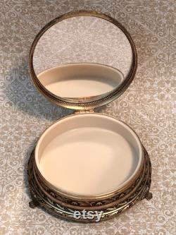 Vintage Brass Floral Powder Jar with Mirror Petit Point Lid, Brass Powder Box, Dresser Box, Keepsake Box, Brass Floral Jewelry Box