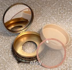 Vintage Brass Floral Powder Jar with Mirror Petit Point Lid, Brass Powder Box, Dresser Box, Keepsake Box, Brass Floral Jewelry Box