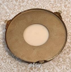 Vintage Brass Floral Powder Jar with Mirror Petit Point Lid, Brass Powder Box, Dresser Box, Keepsake Box, Brass Floral Jewelry Box