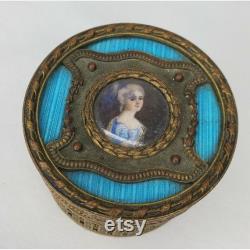 Vintage Brass Guilloche Enamel Powder Box Painted Portrait Turquoise Ornate France