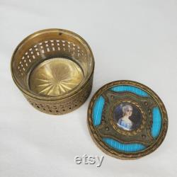 Vintage Brass Guilloche Enamel Powder Box Painted Portrait Turquoise Ornate France