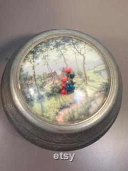 Vintage Brushed Aluminum Music Box Powder Dish with Dried Flowers and House Scene
