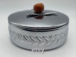 Vintage CHASE Chrome Metal Powder Jar Dish, Lidded, with Apple and Leaves, Bakelite Lid EUC, Retro MCM Decor