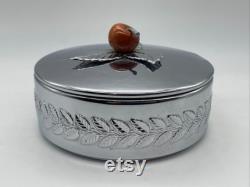 Vintage CHASE Chrome Metal Powder Jar Dish, Lidded, with Apple and Leaves, Bakelite Lid EUC, Retro MCM Decor