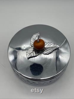 Vintage CHASE Chrome Metal Powder Jar Dish, Lidded, with Apple and Leaves, Bakelite Lid EUC, Retro MCM Decor
