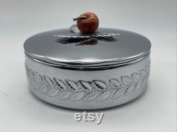 Vintage CHASE Chrome Metal Powder Jar Dish, Lidded, with Apple and Leaves, Bakelite Lid EUC, Retro MCM Decor
