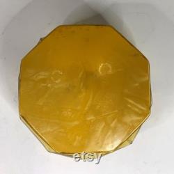 Vintage Celluloid Amber Glass Powder Box Jar Bakelite Art Deco Antique