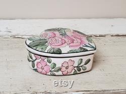 Vintage Ceramic Macau Heart Shaped Trinket Box Pink Rose Chinoiserie Trinket Keeper Dressing Table Treasure Holder Vanity Jewelry Dish withLid