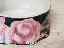 Vintage Ceramic Powder Box (No Lid) Pink and Black Chinoiserie Trinket Keeper Dressing Table Treasure Holder Vanity Table Open Jewelry Dish