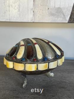 Vintage Clamshell shaped footed Leather lined keepsake box 7 x5 x6