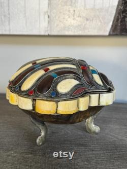 Vintage Clamshell shaped footed Leather lined keepsake box 7 x5 x6