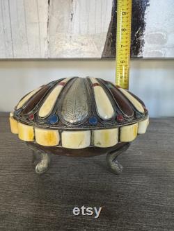 Vintage Clamshell shaped footed Leather lined keepsake box 7 x5 x6