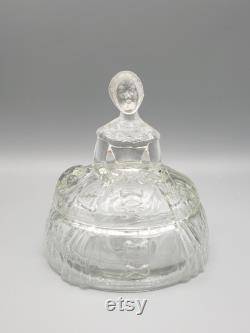 Vintage Clear Figural Powder Jar Lady with hat in hand Jeannette Glass Sears Crinoline Girl