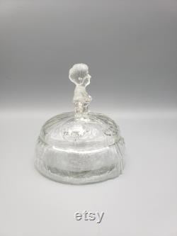 Vintage Clear Figural Powder Jar Lady with hat in hand Jeannette Glass Sears Crinoline Girl