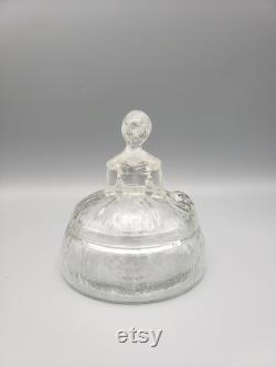 Vintage Clear Figural Powder Jar Lady with hat in hand Jeannette Glass Sears Crinoline Girl