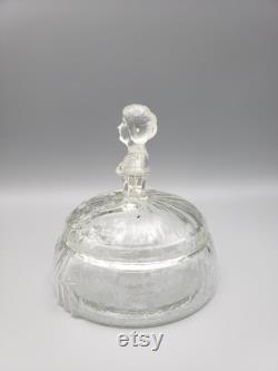 Vintage Clear Figural Powder Jar Lady with hat in hand Jeannette Glass Sears Crinoline Girl