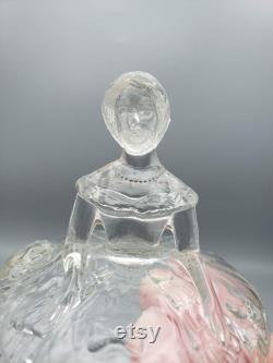 Vintage Clear Figural Powder Jar Lady with hat in hand Jeannette Glass Sears Crinoline Girl