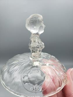 Vintage Clear Figural Powder Jar Lady with hat in hand Jeannette Glass Sears Crinoline Girl