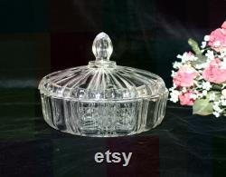 Vintage Clear Glass Covered Wide Powder Jar, Clear Glass Candy Dish with Lid, 7 W, Glass Trinket Box