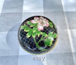 Vintage Cloisonné Black with Pink Flower Round Powder Jar
