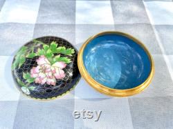 Vintage Cloisonné Black with Pink Flower Round Powder Jar