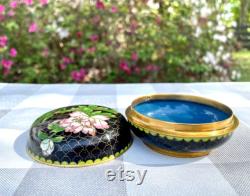 Vintage Cloisonné Black with Pink Flower Round Powder Jar