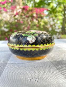 Vintage Cloisonné Black with Pink Flower Round Powder Jar